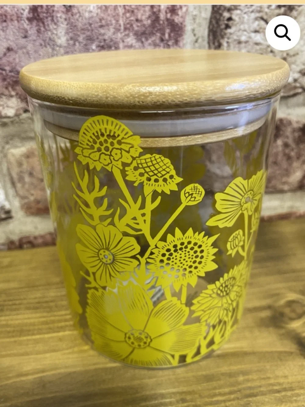 NWT KATE HEISS Glassware, Storage Jar, Bamboo Lid, Pretty Yellow Flower Design